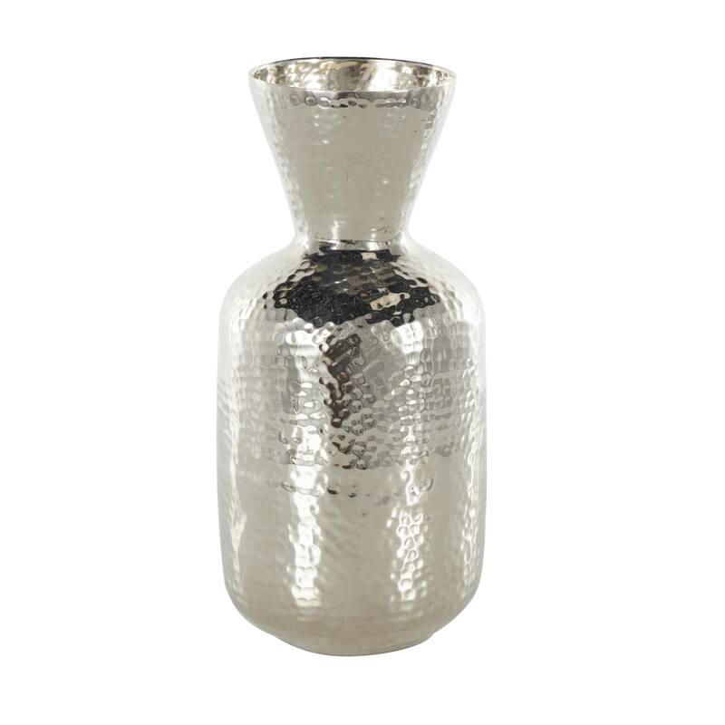Silver Aluminum Metal Hammered Decorative Vase with Cone Shaped Opening