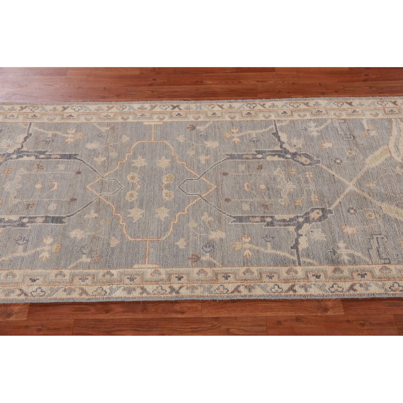 Hand Knotted Oriental 100% Wool Carpet Transitional All-Over Greys & Charcoal Oushak Runner Rug - 12' 1'' X 3' 0''