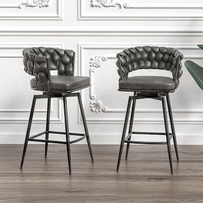 Counter Height Bar Stools Set of 2, Swivel Bar Stools with Woven Back, Kitchen Island Chairs with Footrest and Metal Frame