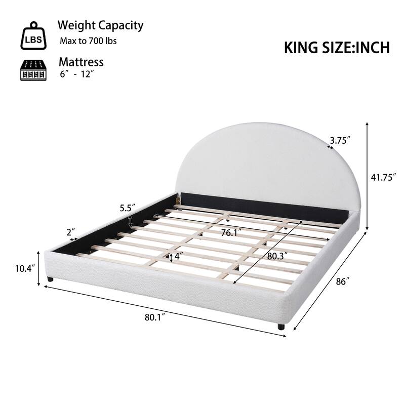 Twin/Queen/King Boucle Upholstered Bed Frame with Curved Half-Round Headboard, Platform Design, No Box Spring Needed