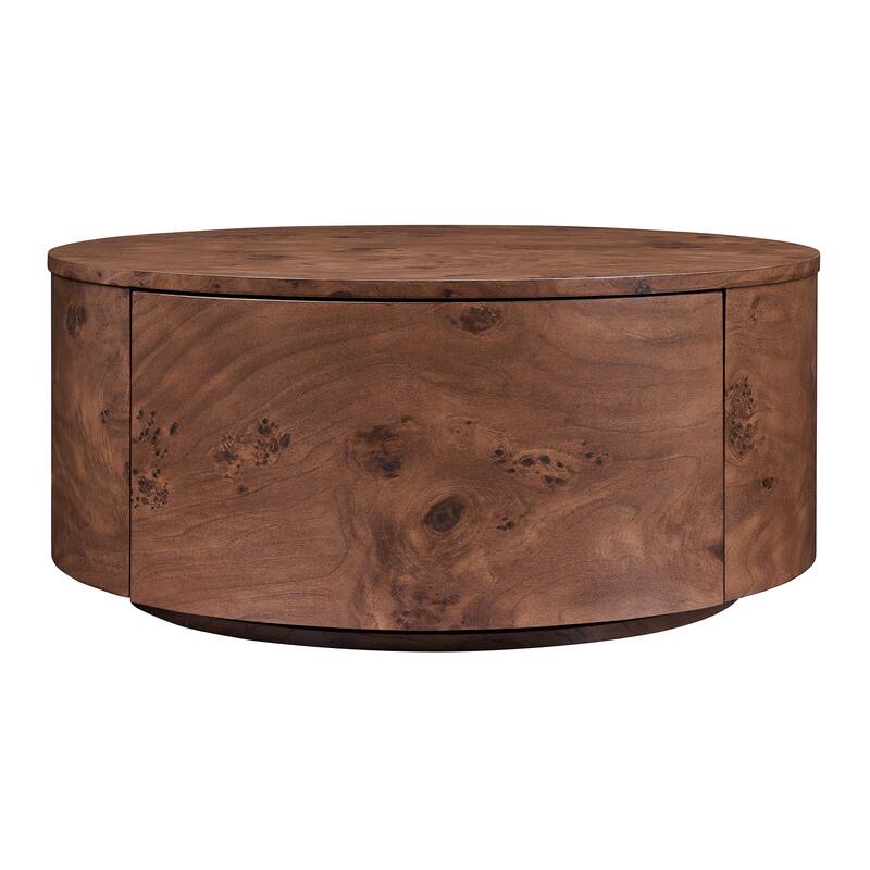 28.4" Burl Wood Rotating Coffee Table with 2 Drawers - 360° Swivel Top in Walnut Finish