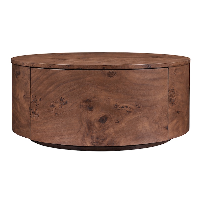 Burl Wood Rotating Coffee Table with 2 Drawers, 360° Rotating Top, Walnut, 28.4"