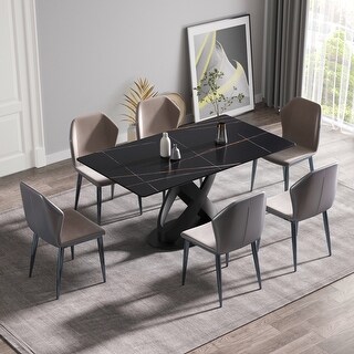 Modern Black Marble Dining Table with Rectangular Tabletop and X-Cross ...