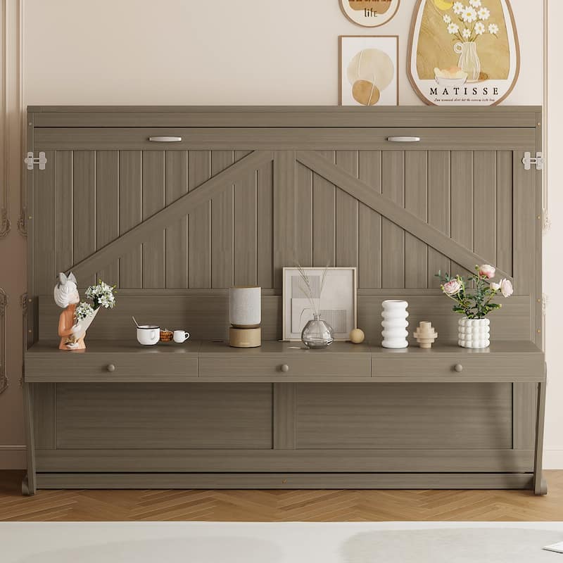 Queen Murphy Bed with Storage & Vanity Desk, Wall Mounted Folding Cabinet Bed with Mirror and Drawers for Small Space