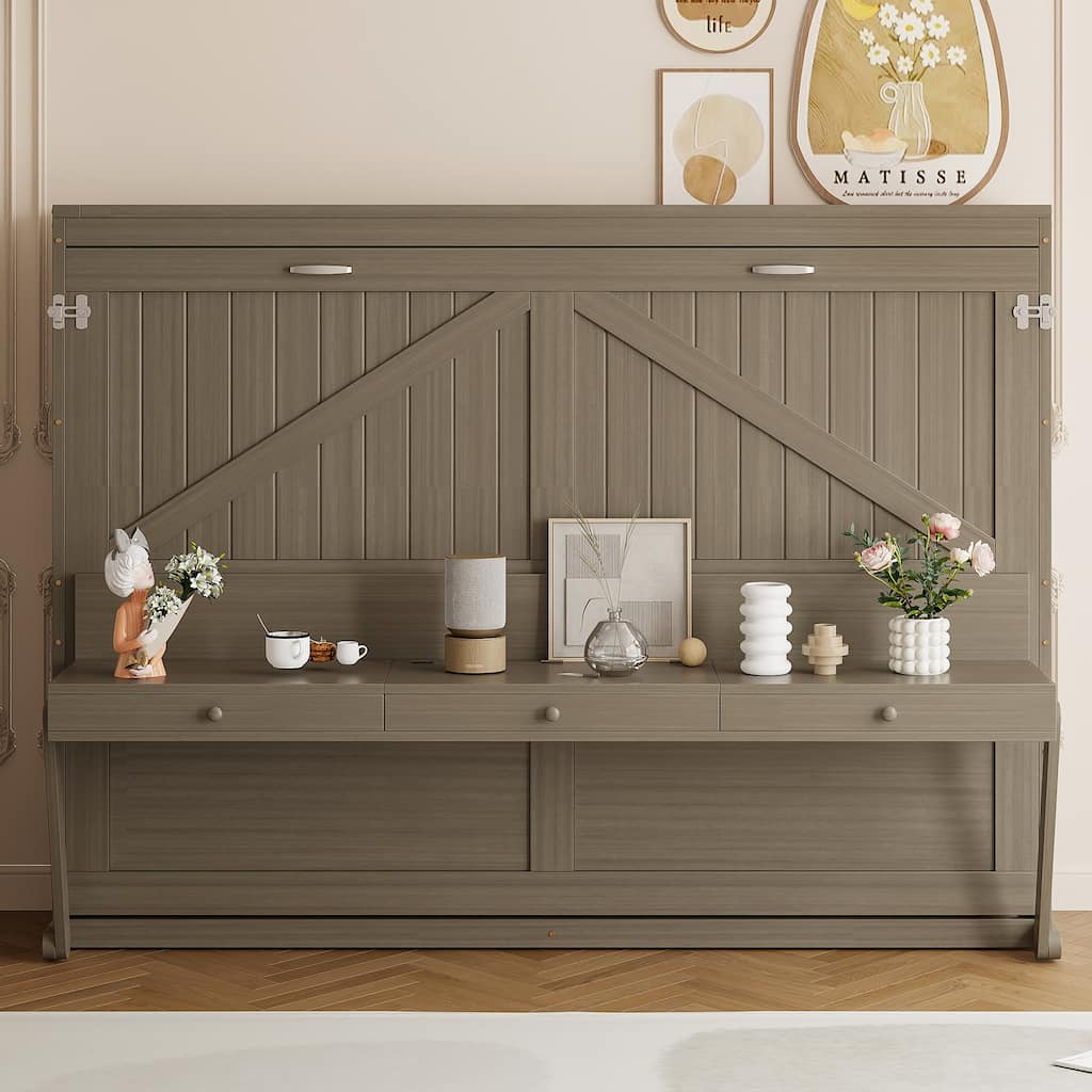 Queen Size Hydraulic Lift Murphy Bed with Vanity Desk and 2 Drawers, Solid Wood Wall Murphy Bed Cabinet, No Box Spring Needed