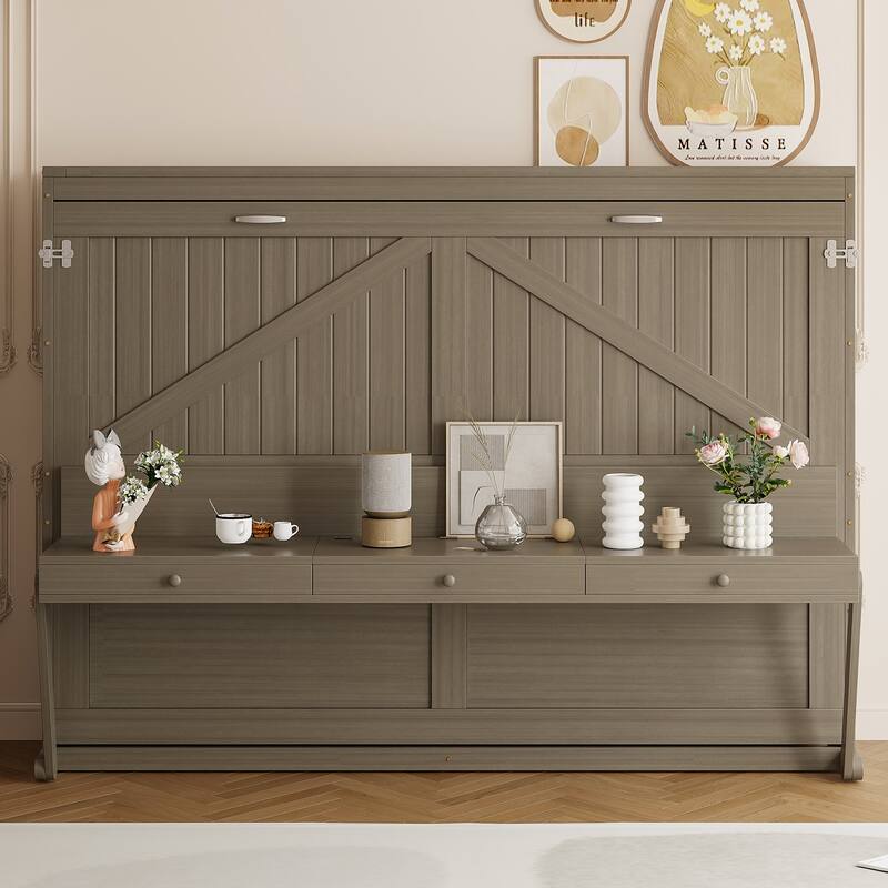 Roomfitters Queen Size Wall Murphy Bed with Foldable Vanity Desk, Mirror & Storage Shelves