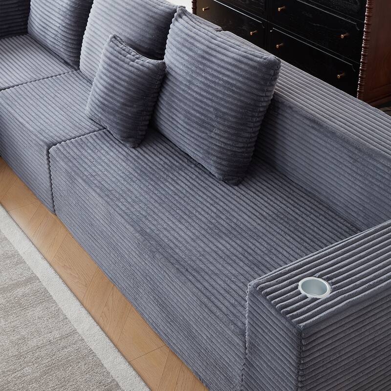 Modular Sectional Cloud Couch, Oversized Corduroy Fabric Deep Seat Sofa, Upholstered Sofa with Armrests & Cup Holders