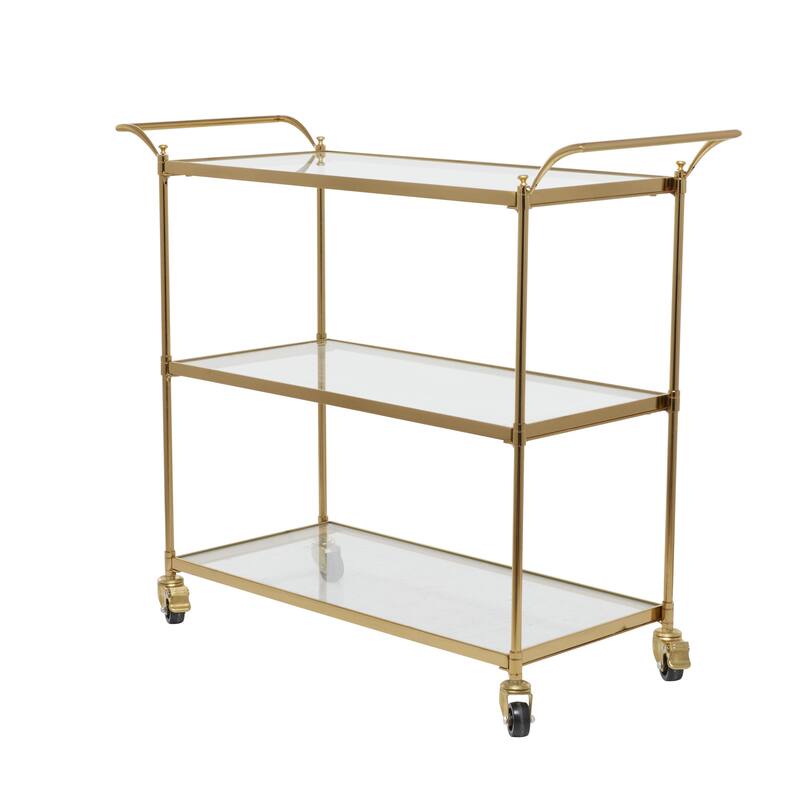 Brass Metal Rolling 3 Glass Shelves Bar Cart with Lockable Wheels