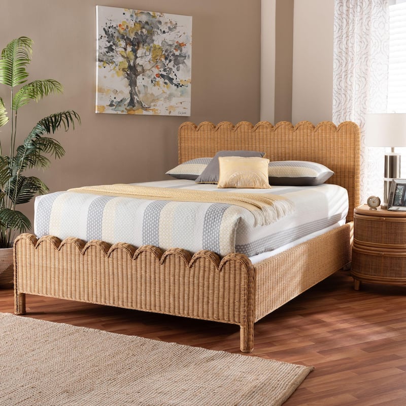 Maritza Scalloped Natural Rattan Bed Frame - Handwoven Wicker Headboard and Footboard with Decorative Edge Detail, Boho Coastal