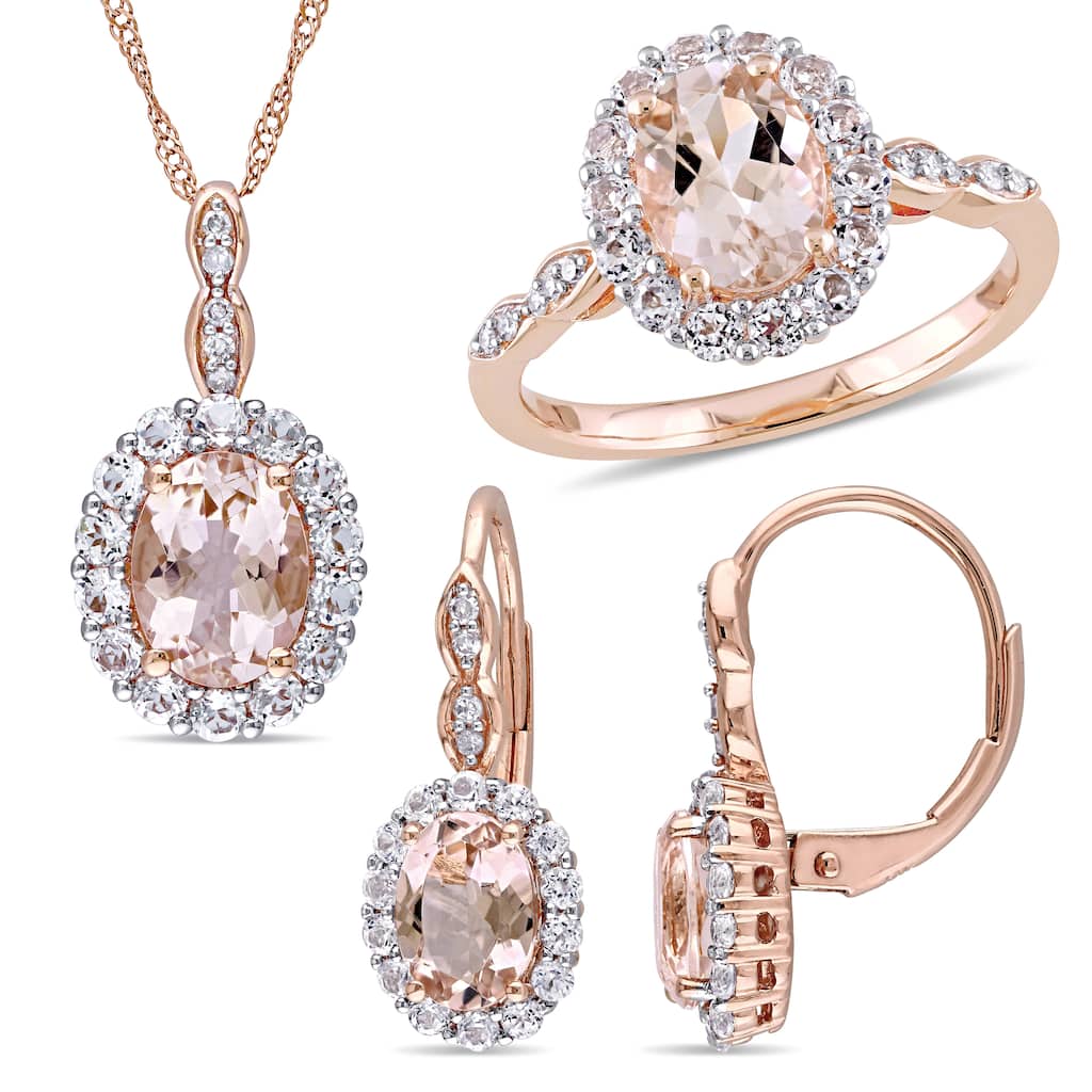 Miadora 14k Rose Gold Oval Morganite, Topaz & 1/10ct TDW Halo Ring, Stud Earrings & Necklace Set