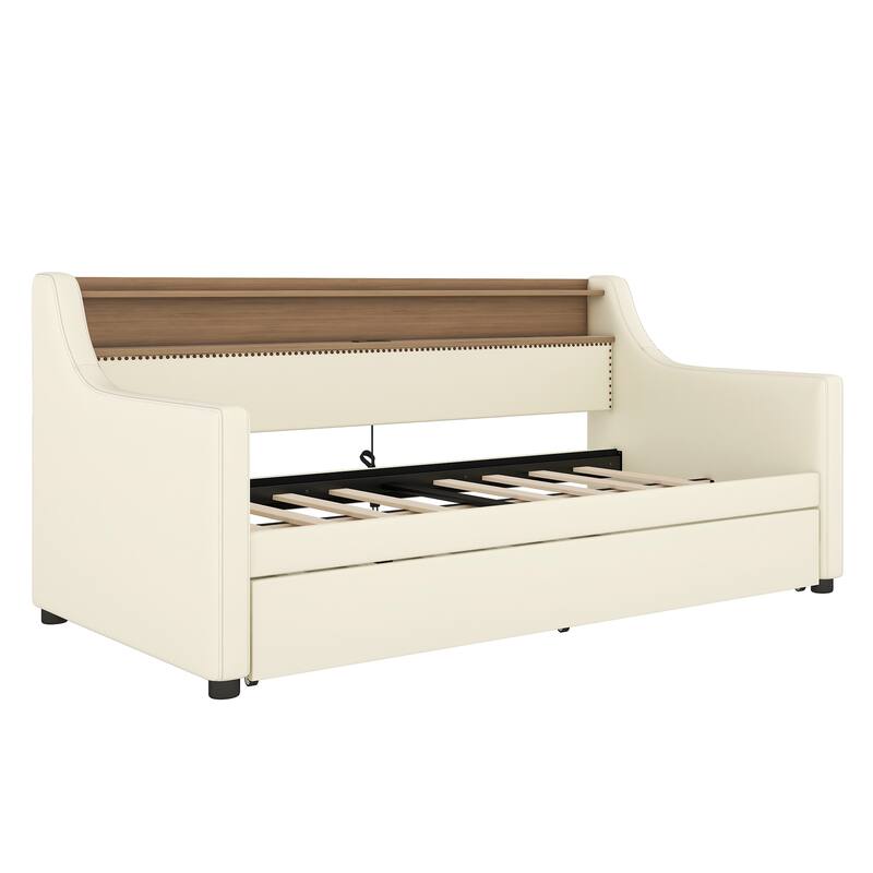 Twin Size Upholstered Daybed with Trundle, Charging Station, and LED Lights in White