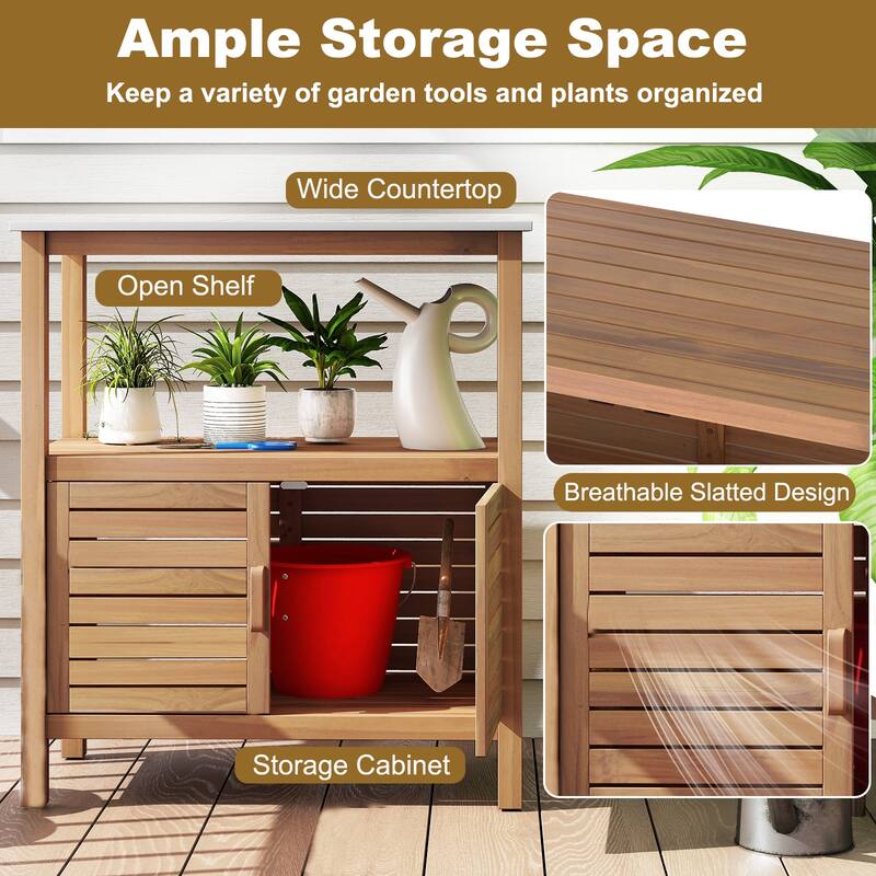 Gymax Outdoor Potting Bench w/ Resin Tabletop Storage Shelf & Cabinet