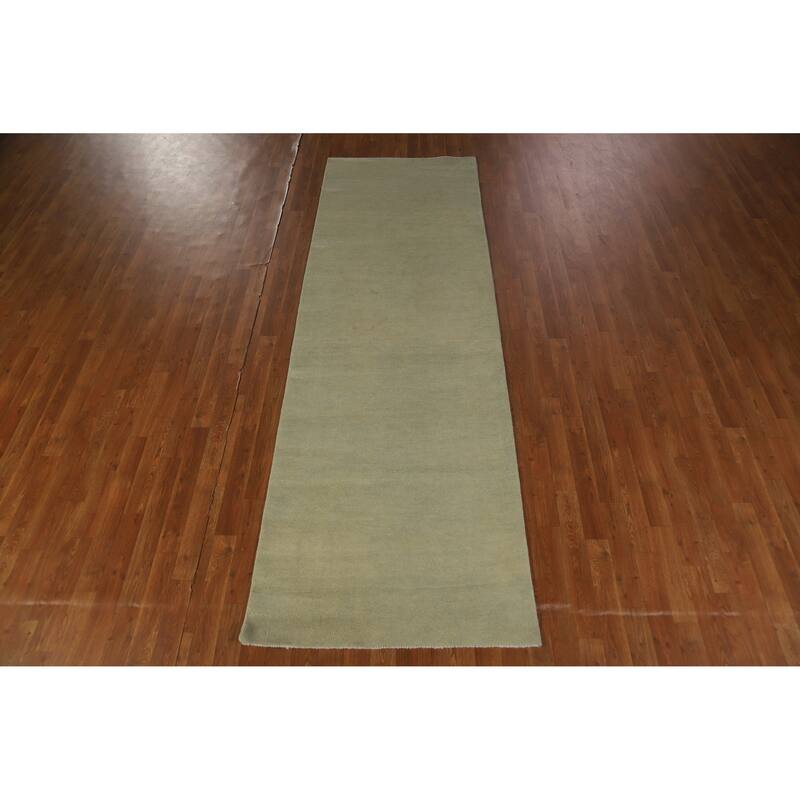 Hand Knotted Oriental 100% Wool Carpet Modern Solid Green Gabbeh Runner Rug - 9' 8'' X 3' 2''