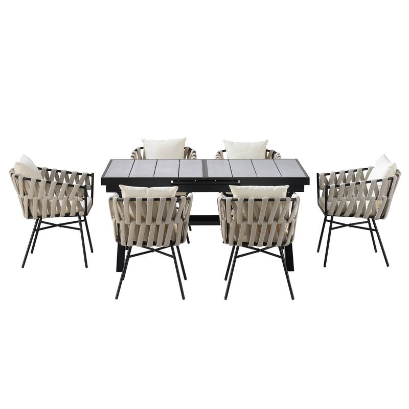 Outdoor 7-Piece Extendable Dining Table Set w6 Weaving Dining Chairs