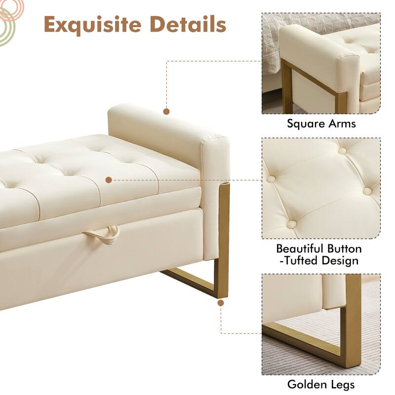 66" Storage Bench for Bedroom End of Bed with Double Lids and Gold Legs