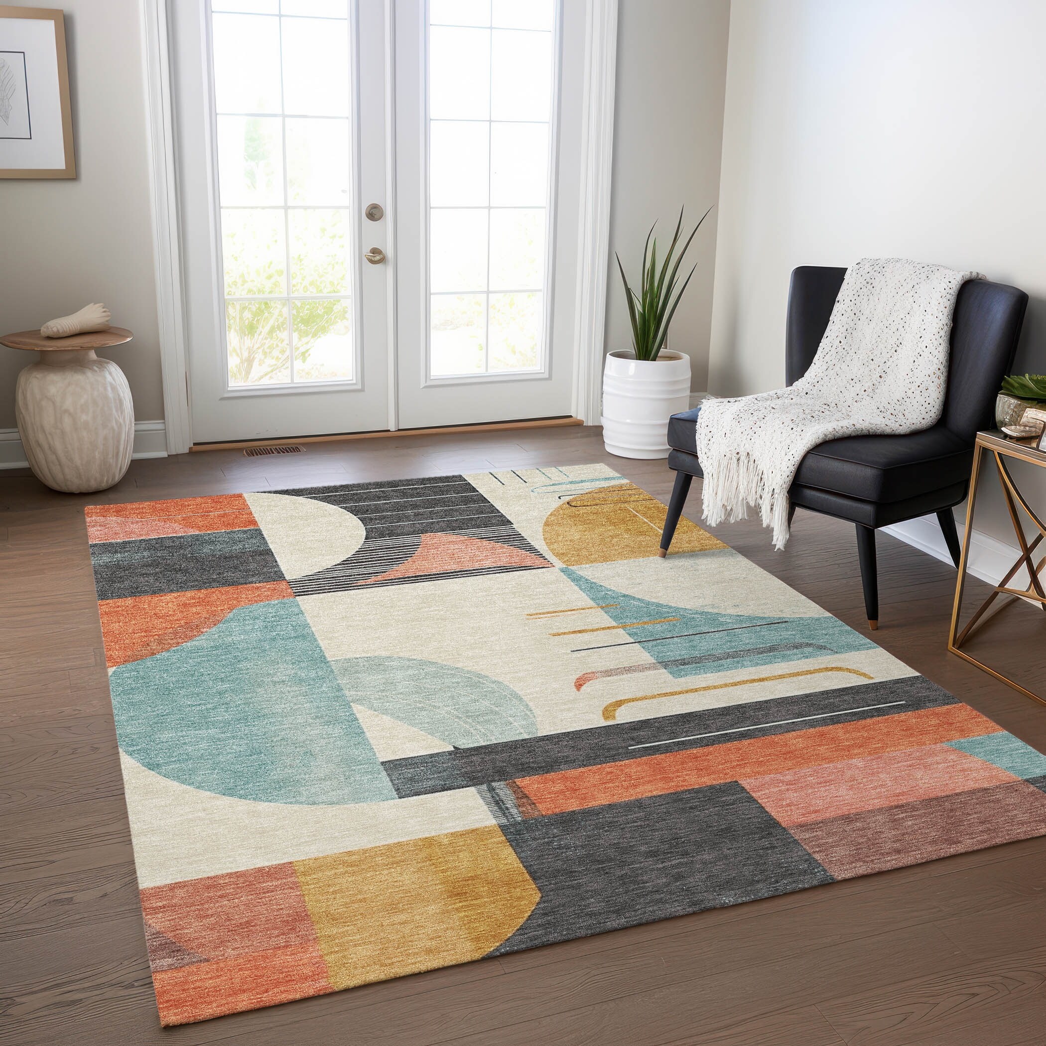 Machine Washable Indoor/ Outdoor Art Deco Contemporary Chantille Rug