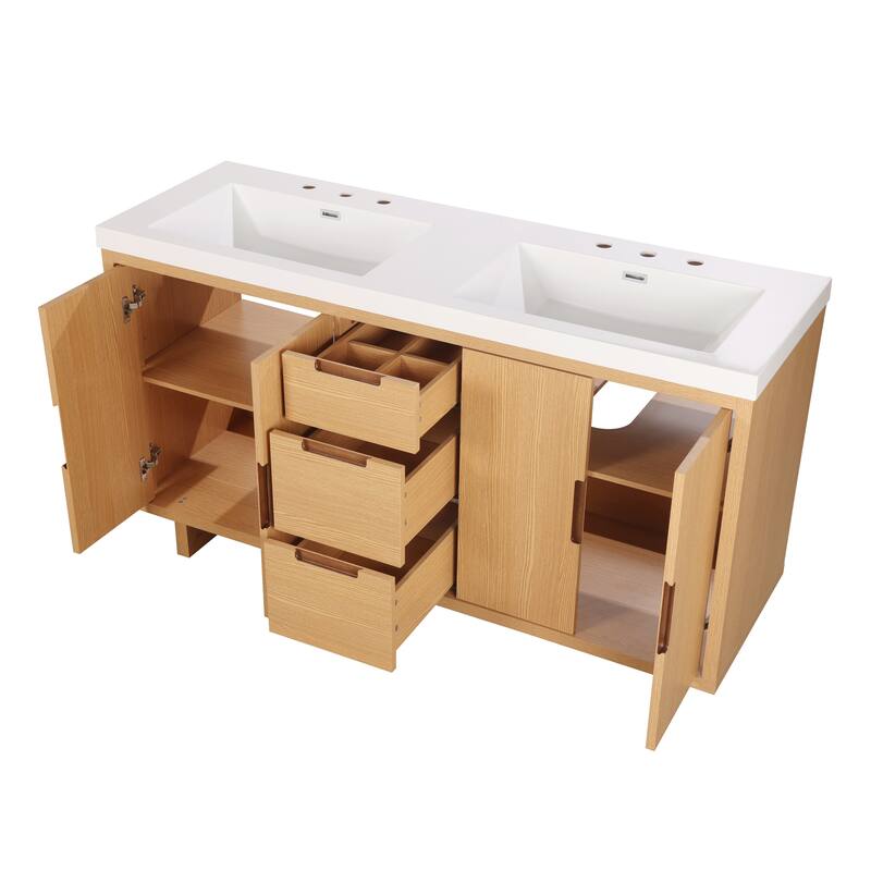 59.3" Bathroom Vanity with 4 Doors & 3 Drawers, Handle-Free Design, Soft-Close Hinges, Hidden Drawer Slides, SMC Resin Top