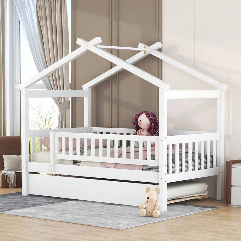 Space-Saving Twin House Bed with Trundle, Imaginative Design for Kids Room