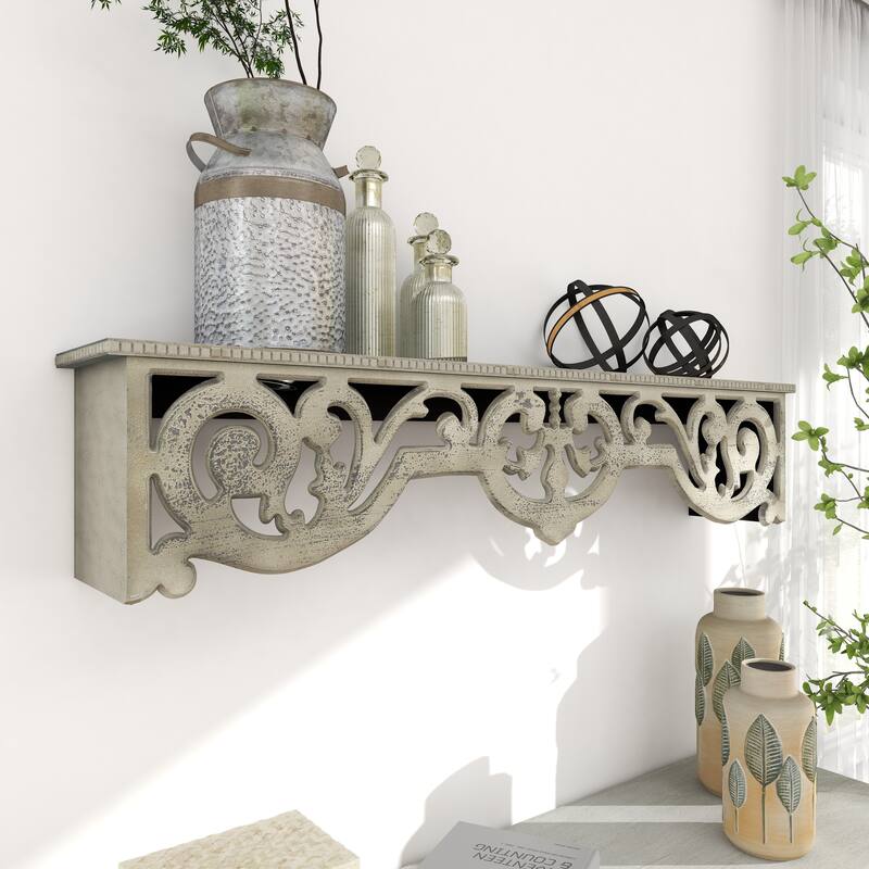 Beige Wooden 1 Shelf Scroll Room Wall Shelf with Gray Distressing