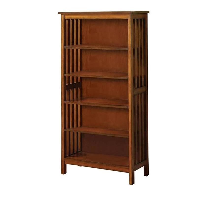 Antique Oak Finish 1pc Media Shelf, Solid Wood Storage Cabinet, 5-Shelves Open Cabinet Shelf