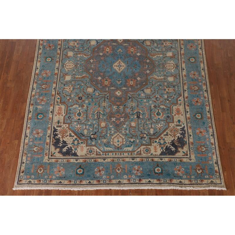Over-Dyed Blue Tabriz Persian Vintage Area Rug Handmade Wool Carpet - 6'10"x 9'8"