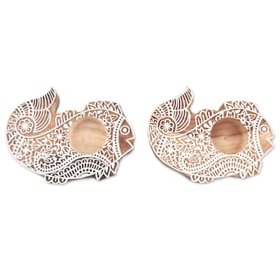 Novica Handmade Finned Friends Wood Tealight Candle Holders (Pair)
