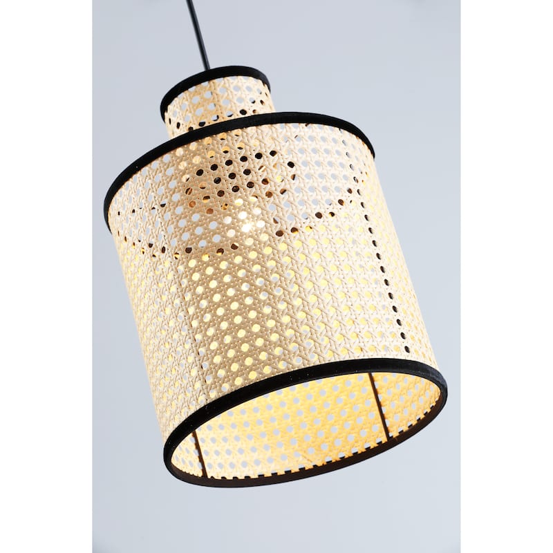 VidaLite Modern Bohemian 2 Tier Mini Pendant, PVC Rattan Shade With Velvet Stiched Rim