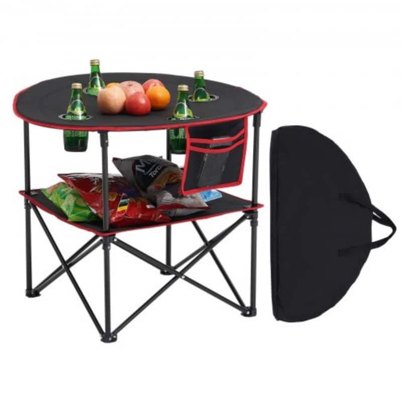 Black Foldable Camping Table with Waterproof Surface and 4 Cup Holders for Compact Travel Design