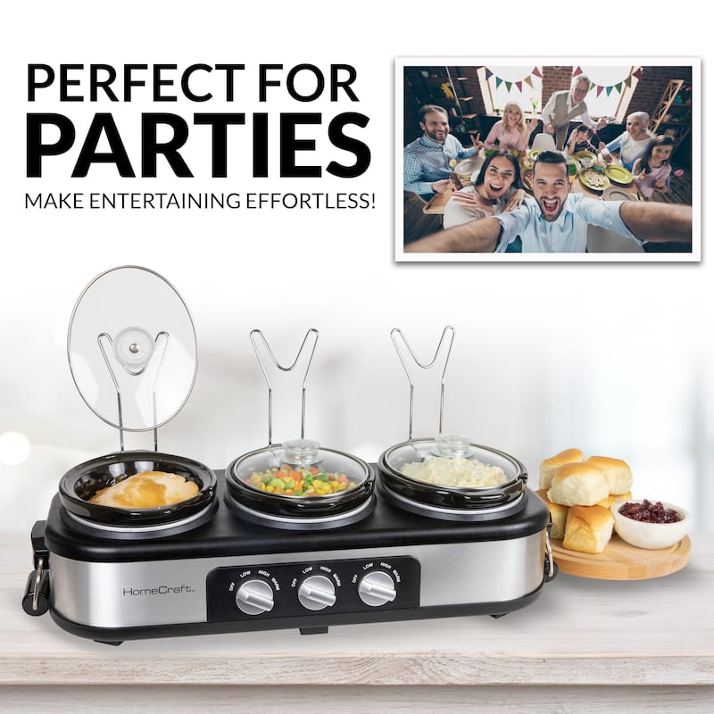 HomeCraft 3-Station 1.5-Quart Oval Slow Cooker Buffet, Stainless Steel