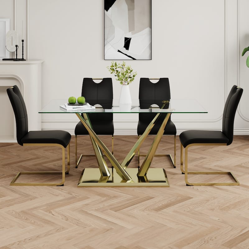 5-Piece Rectangular Dining Table Set for 4 Modern 63" Tempered Glass Kitchen Table with 4 Chairs, Luxury Dining Room Table Set