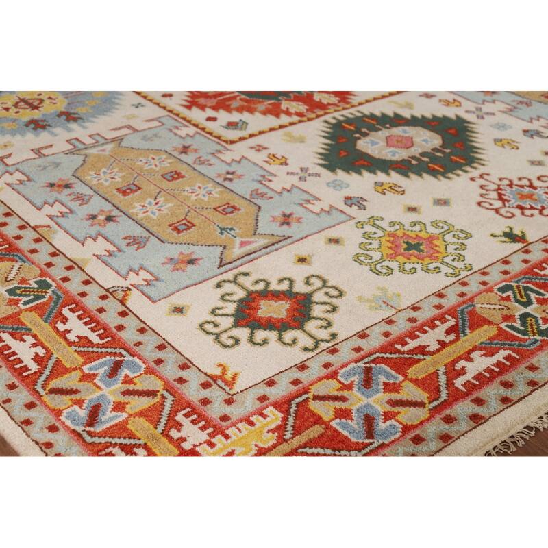 Geometric Heriz Serapi Indian Area Rug Hand-Knotted Wool Carpet - 8'11" x 12'0"