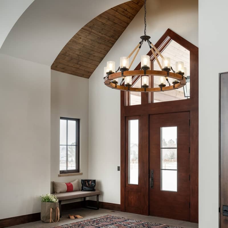 Farmhouse Wagon Wheel Chandelier Round Wood Pendant Lighting Fixture for Dining Room
