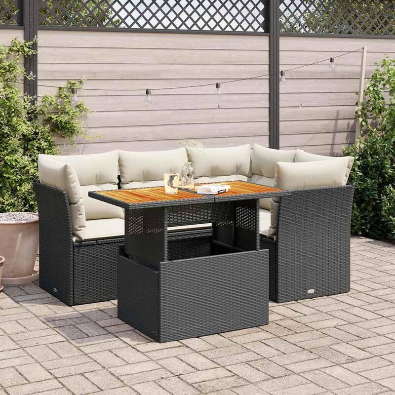 vidaXL Patio Sofa Set with Cushions Table and Sofa Modules 5 Piece Poly Rattan - 21.7 x 39.4 x 28.7 - Black and cream with storage