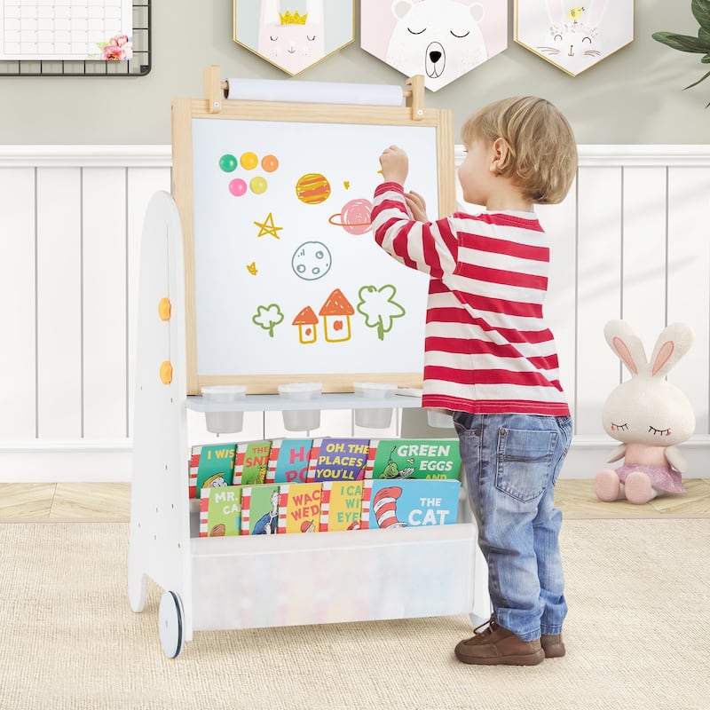 Kids 4 in 1 Art Easel and Desk with Stool Adjustable Height Whiteboard Chalkboard Paper Roll and Storage for Drawing