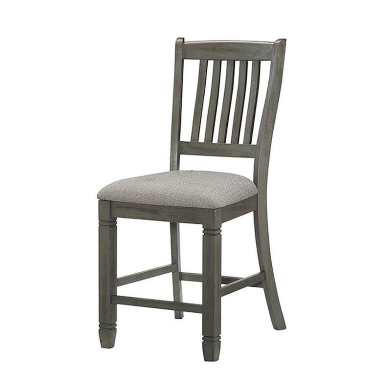 26 Inch Counter Height Chair Set of 2, Slat Back, Gray Wood, Fabric Seat