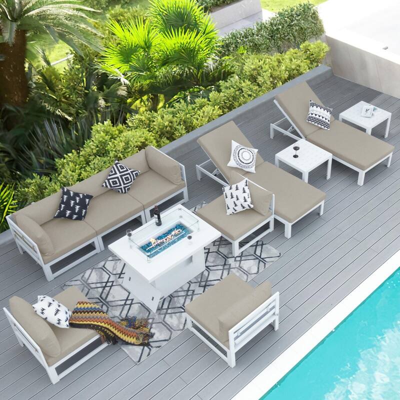 11-Piece Luxury Aluminum Outdoor Furniture Set with Chaise Lounge & Fire Pit Table, 29" Deep Seating Aluminum Patio Sectional - Beige - White Frame