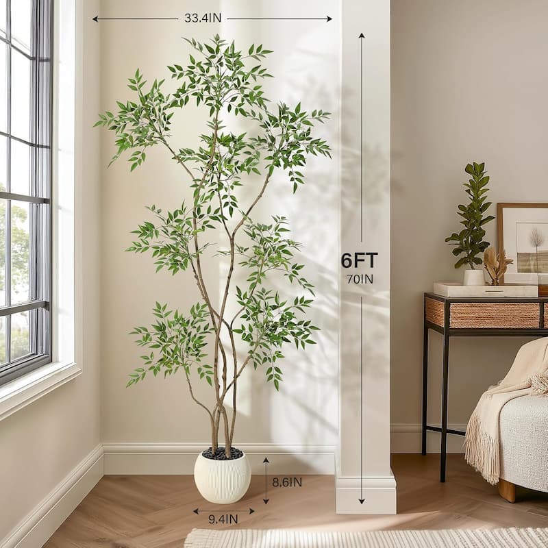 Artificial Plants Indoor, 5FT Tall Faux Floor Plant in Pot, Nandina Artificial Tree with Grey Planter