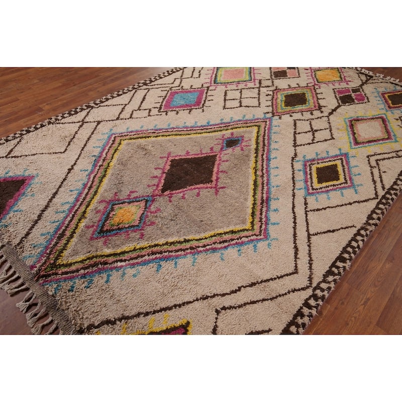 All-Over Plush Geometric Moroccan Area Rug Handmade Wool Carpet - 6'9" x 10'2"