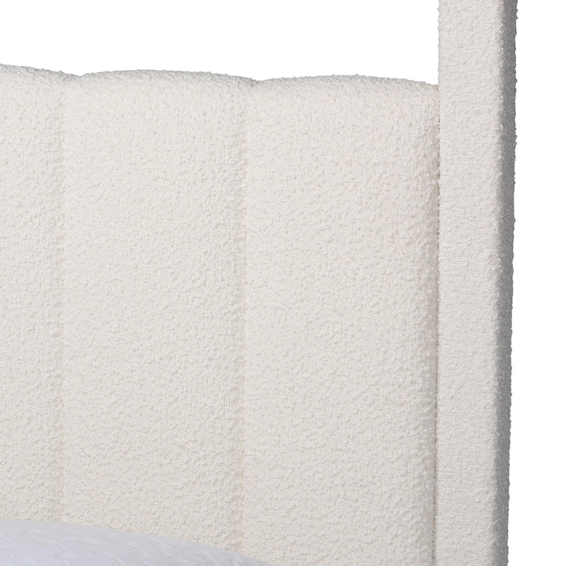 Aerona Boucle Upholstered Canopy Bed - Four Poster Platform Bed with Channel-Tufted Headboard, Cream, Queen