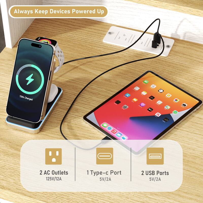 Anmytek Rustic Barn Door Nightstand,End Table with Outlets USB Charging Station LED Lights Storage Cabinet