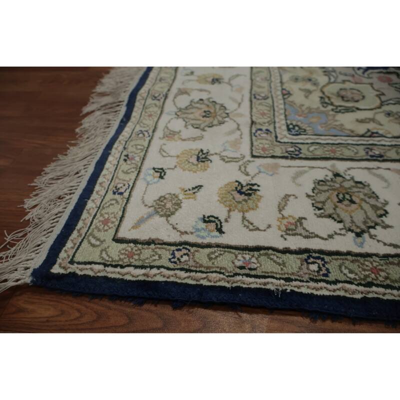 Hand Knotted Oriental Silk Carpet Traditional Floral Navy Blue & Blues Kashmar Area Rug - 7' 10'' X 5' 0''