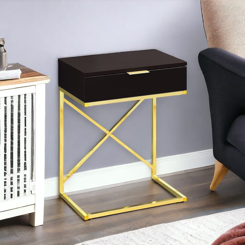 Modern 24-Inch End Table with Drawer with Wood Surface and Metal Base Side Table for Sofa or Bedside