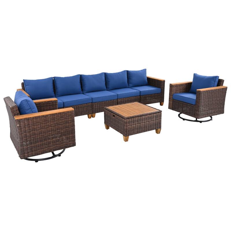 8-Piece Wicker Outdoor Patio Furniture Set with Thick Cushion, Rattan Patio Swivel Rocking Chairs Set of 2 with Acacia S