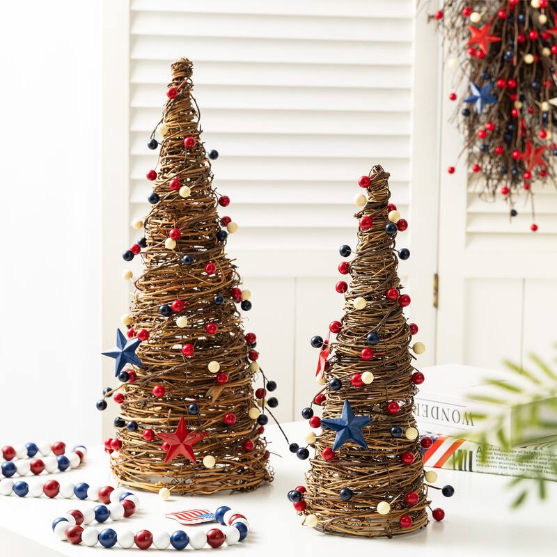 Glitzhome Set of 2 Patriotic/ Americana Rattan Stars and Berry Cone Table Tree