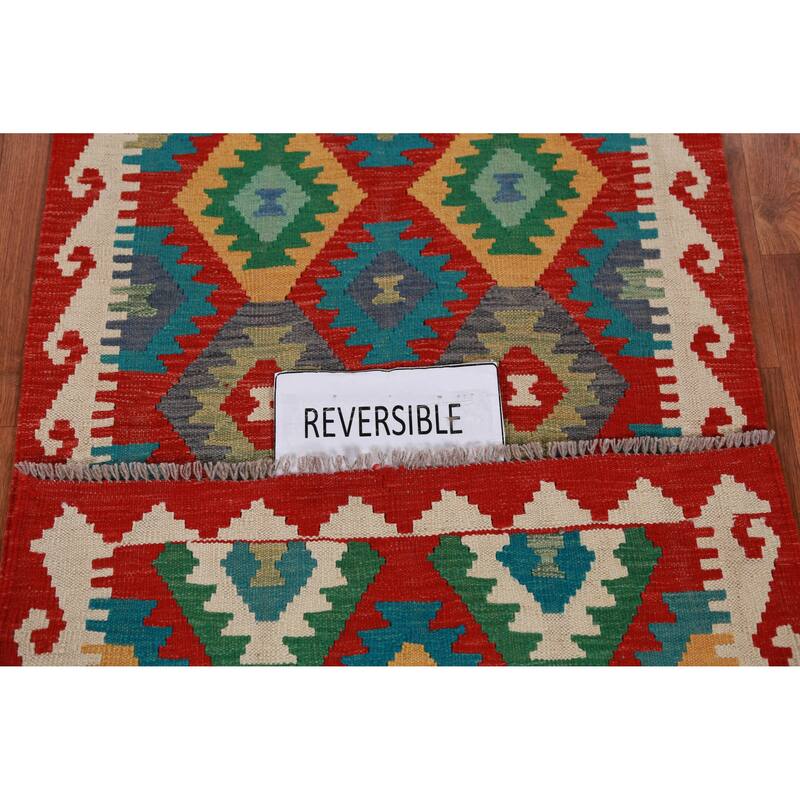 Hand Woven Oriental 100% Wool Carpet Southwestern All-Over Multi-Colored Kilim Runner Rug - 12' 10'' X 2' 9''