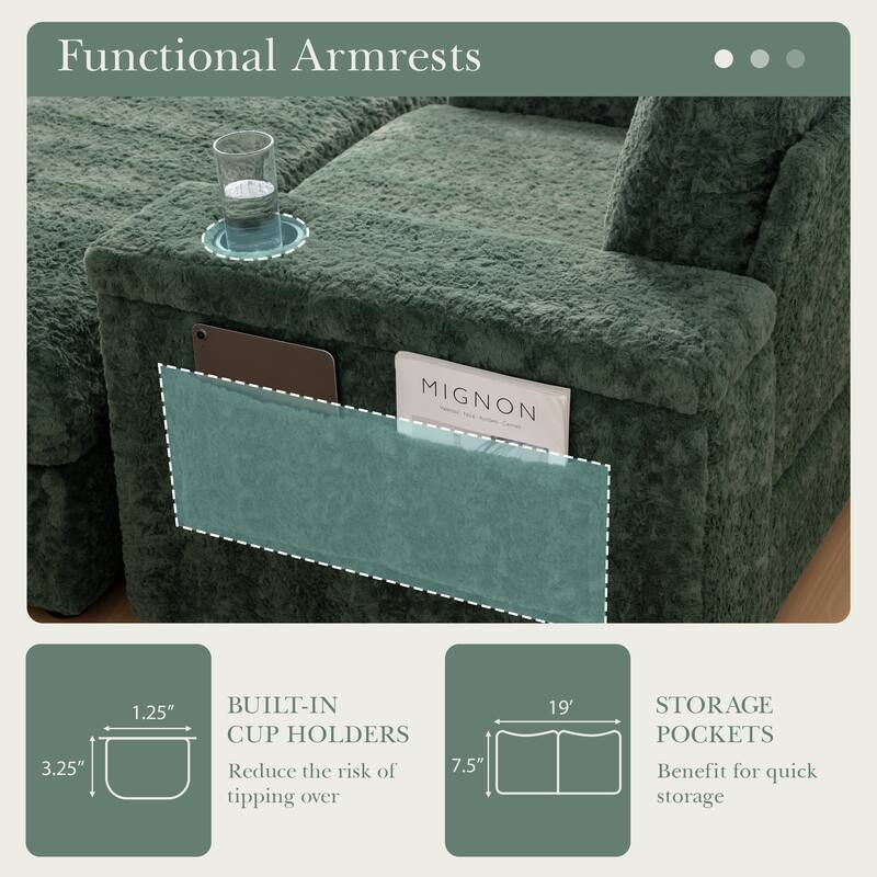 42" Oversized Green Faux Fur Chaise Lounge Sofa Bed with Storage, Cup Holders for Indoor Use