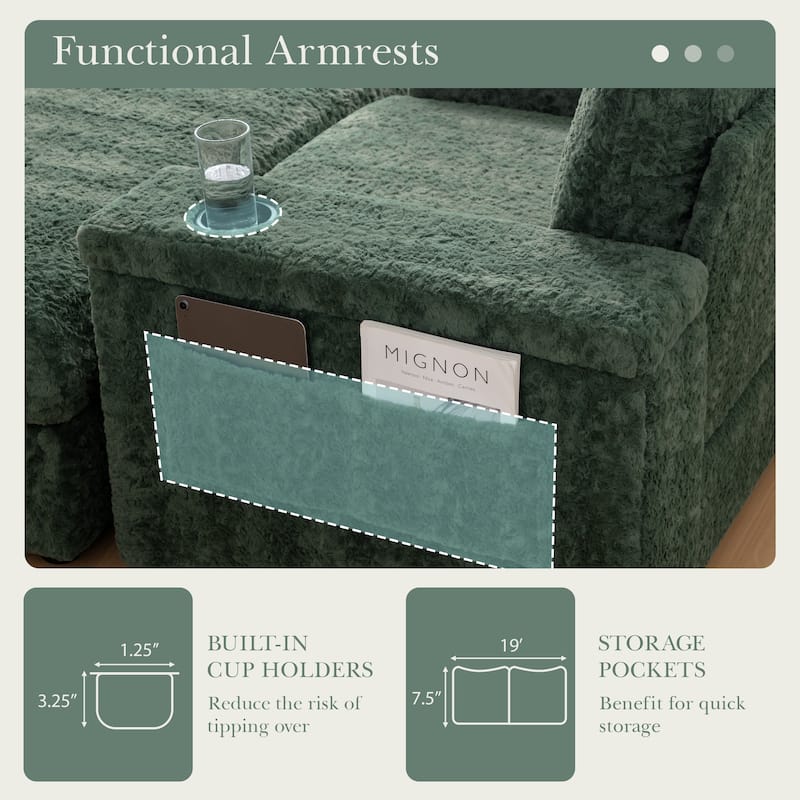 Roomfitters Oversized Chaise Lounge Sofa Bed with Ottoman, Faux Fur Sleeper Chair with Cup Holders