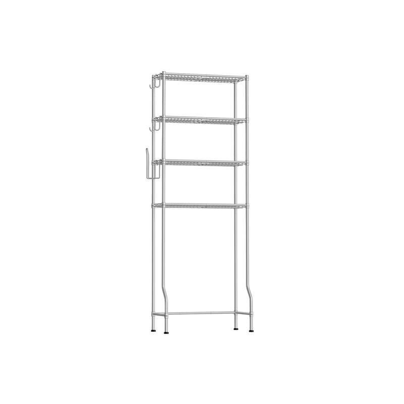 4-Tier Freestanding Metal Over-the-Toilet Storage Rack with 4 Adjustable Shelves and 4 Convenient Hoooks - 24.8"W - Silver-Grey