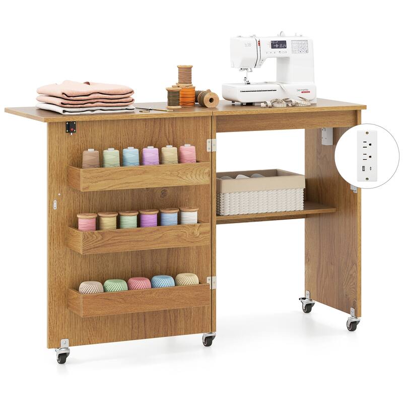 Costway Folding Sewing Table Rolling Craft Station with 3 Storage Bins - See Details - Natural