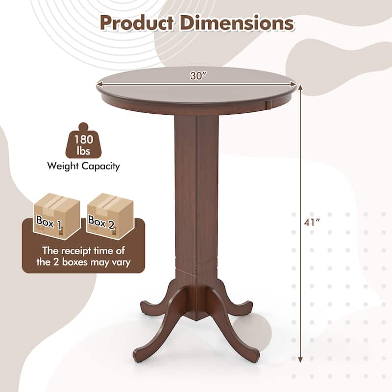 Espresso Round Bar Height Table with Rubber Wood Pedestal Base for Kitchen Dining or Bistro - 30"Dia x 41"H